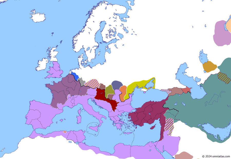 Political map of Europe & the Mediterranean on 11 Sep 260 (The Crisis of the Third Century: Thirty Tyrants), showing the following events: Regalianus; Revolt of Postumus; Revolt of the Macriani; Rise of Odaenathus.