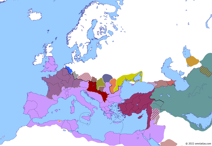 Political map of Europe & the Mediterranean on 11 Sep 260 (The Crisis of the Third Century: Thirty Tyrants), showing the following events: Regalianus; Revolt of Postumus; Revolt of the Macriani; Rise of Odaenathus.