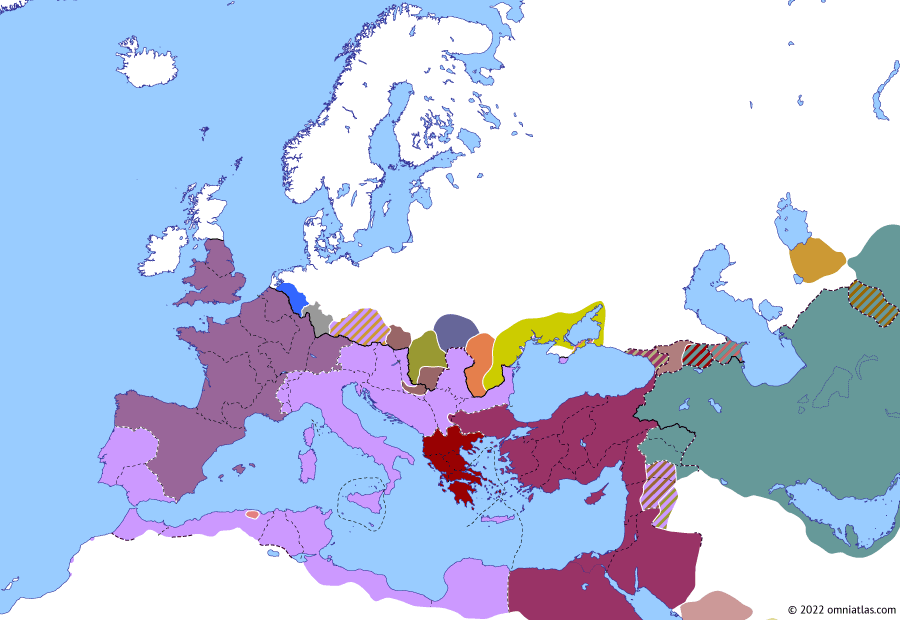 Political map of Europe & the Mediterranean on 02 Jun 261 (The Crisis of the Third Century: Defeat of the Macriani), showing the following events: Macrianian Egypt; Amazasp III of Iberia; Postumus in Britain and Spain; Macrianian invasion of Europe; Valens and Piso.