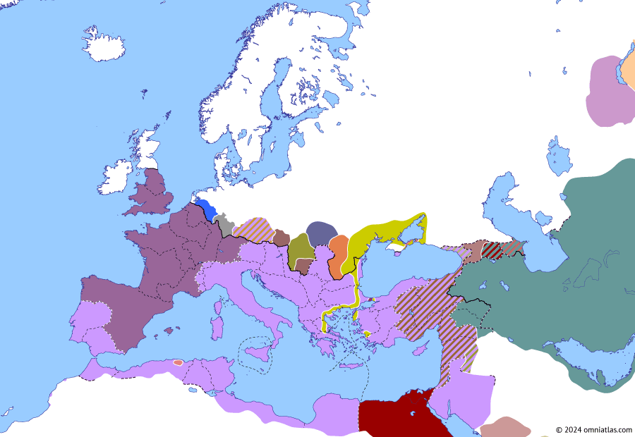 Political map of Europe & the Mediterranean on 22 Jan 262 (The Crisis of the Third Century: Odaenathus), showing the following events: End of the Macriani; Mussius Aemilianus; Gothic Raid to Thermopylae; Great Ephesian Earthquake; Revolt of Byzantium; Gothic sack of Ephesus.