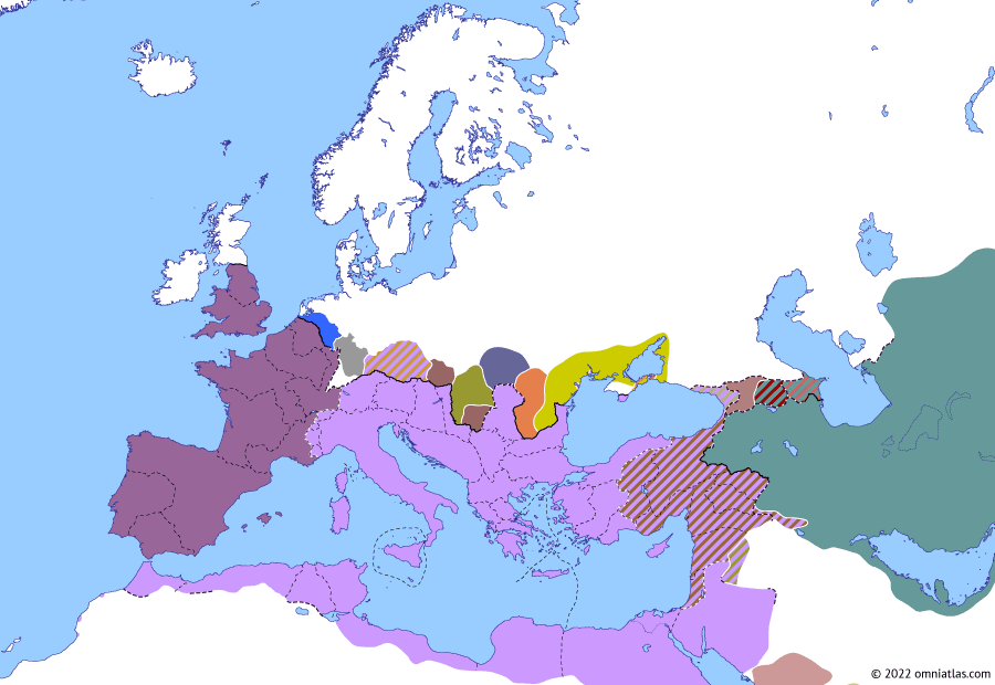 Political map of Europe & the Mediterranean on 18 Jan 263 (The Crisis of the Third Century: Limesfall), showing the following events: Gallienus in Raetia; Odaenathus’ First Persian Campaign; Memor; Limesfall.