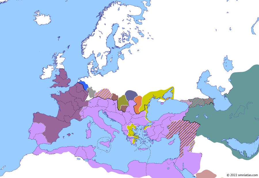 Political map of Europe & the Mediterranean on 21 Oct 267 (The Crisis of the Third Century: Gothic–Herulian Invasion of Greece), showing the following events: Last Gallienus–Postumus War; Odaenathus’ Second Persian Campaign; Gothic–Herulian Invasion of Greece; Assassination of Odaenathus.