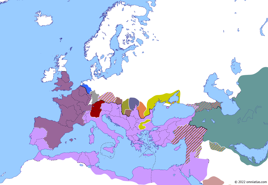 Political map of Europe & the Mediterranean on 21 May 268 (The Crisis of the Third Century (I): Battle of Nessos), showing the following events: Loss of Northern Dacia; Lakhmid Kingdom; Aureolus; Battle of Nessos.