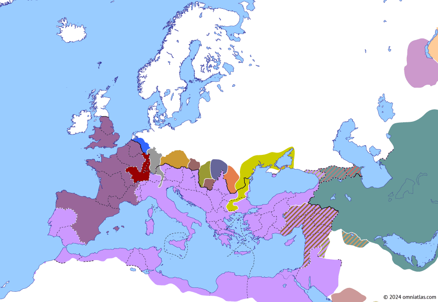 Political map of Europe & the Mediterranean on 25 Feb 269 (The Crisis of the Third Century: Battle of Lake Benacus), showing the following events: Death of Gallienus; Principate of Claudius Gothicus; Laelianus; Battle of Lake Benacus.