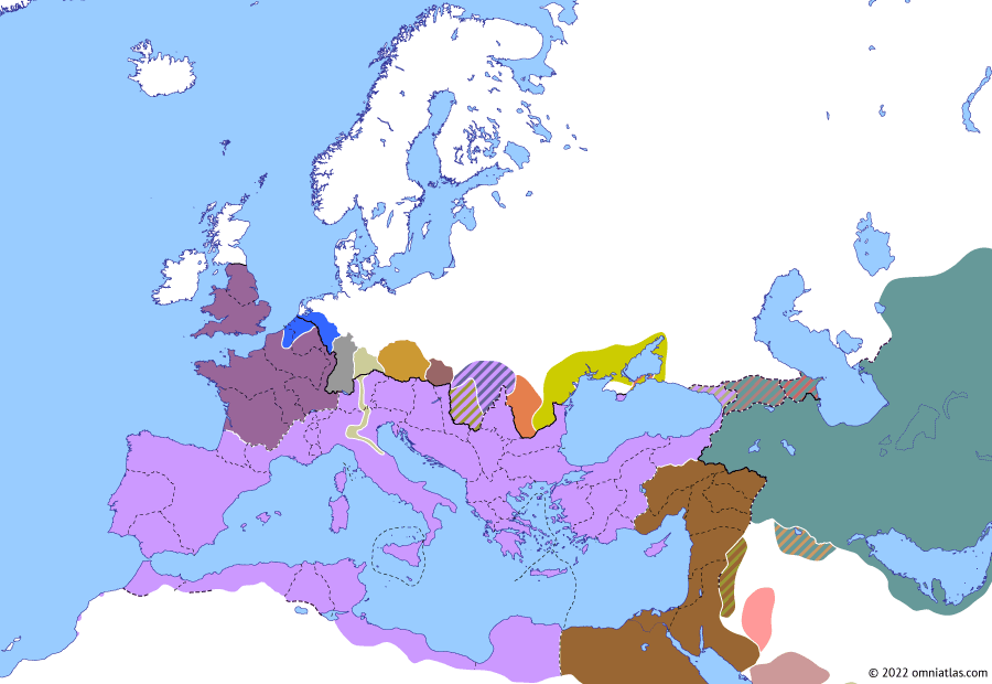 Political map of Europe & the Mediterranean on 29 May 271 (The Crisis of the Third Century (II): Battle of Fano), showing the following events: Principate of Aurelian; Tenagino Probus’ campaign; Victoria of Gaul; Aurelian’s Vandal War; Fall of Forum Hadriani; Aurelian’s Raetian War; Battle of Placentia; Battle of Fano.