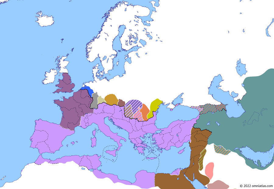 Political map of Europe & the Mediterranean on 28 May 272 (The Crisis of the Third Century (II): Battle of Immae), showing the following events: Dacia Aureliana; Abandonment of Dacia; Urbanus; Palmyrene Empire; Siege of Tyana; Aurelian’s reconquest of Egypt; Battle of Immae.