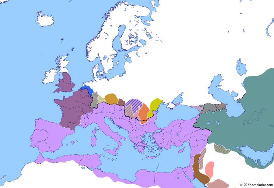 Political map of Europe & the Mediterranean on 30 Aug 272 (The Crisis of the Third Century: Fall of Zenobia), showing the following events: Battle of Daphne; Battle of Emesa; First Siege of Palmyra.