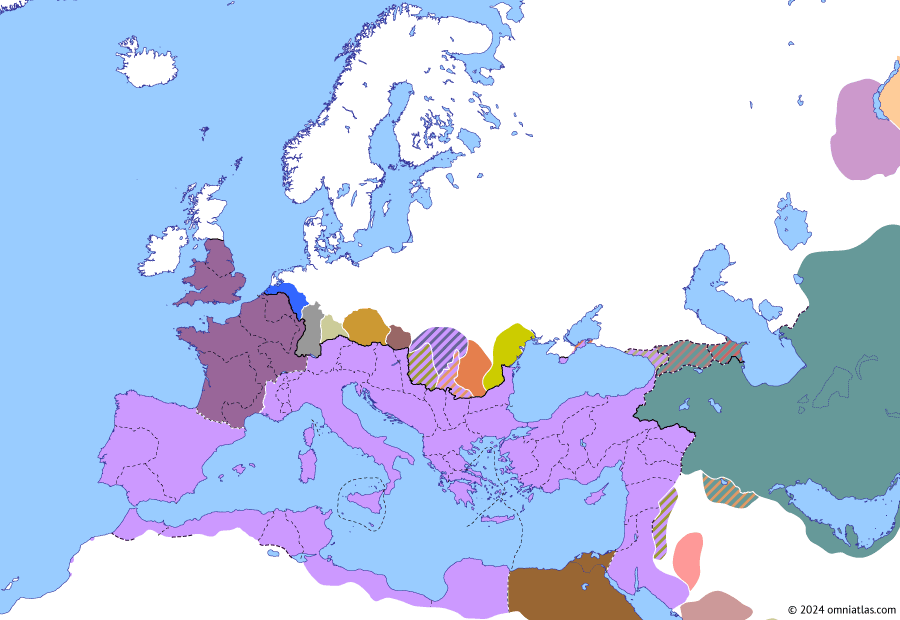 Political map of Europe & the Mediterranean on 11 Jul 273 (The Crisis of the Third Century: Revolt of Firmus), showing the following events: Aurelian’s Carpic War; Septimius Antiochus; Firmus.