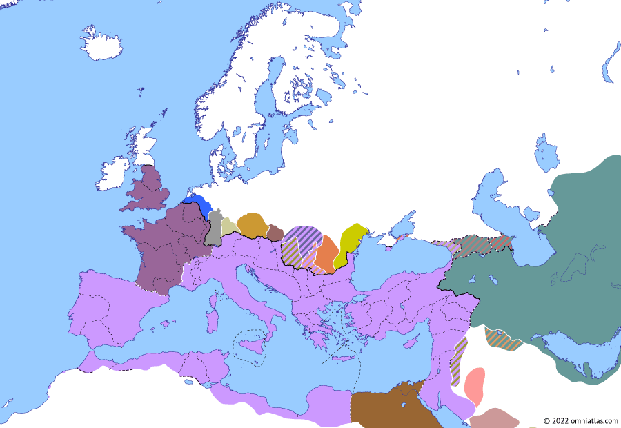 Political map of Europe & the Mediterranean on 11 Jul 273 (The Crisis of the Third Century: Revolt of Firmus), showing the following events: Aurelian’s Carpic War; Septimius Antiochus; Firmus.