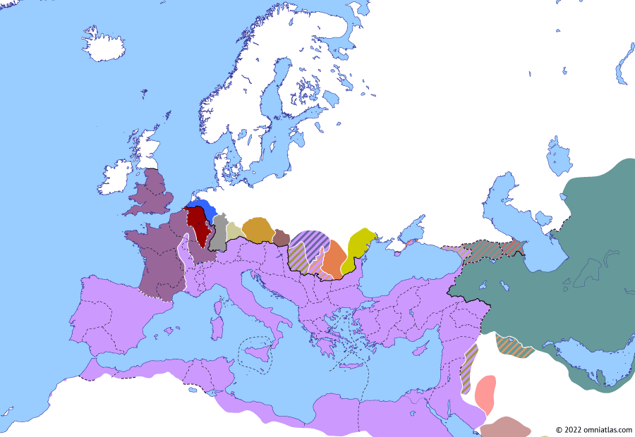 Political map of Europe & the Mediterranean on 19 Jun 274 (The Crisis of the Third Century: Battle of Châlons), showing the following events: Faustinus; Battle of Châlons.