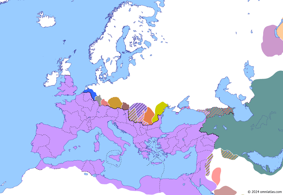 Political map of Europe & the Mediterranean on 25 Sep 275 (The Crisis of the Third Century (II): Assassination of Aurelian), showing the following events: Restitutor Orbis; Sol Invictus; Aurelian’s Vindelician campaign; Assassination of Aurelian; Interregnum of Severina.