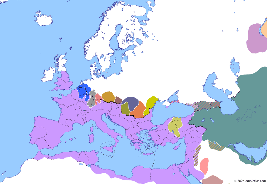 Political map of Europe & the Mediterranean on 15 Feb 276 (The Crisis of the Third Century: Marcus Claudius Tacitus), showing the following events: Principate of Tacitus; Tacitus’ Herulian War; Post-Aurelian Gallic incursion.