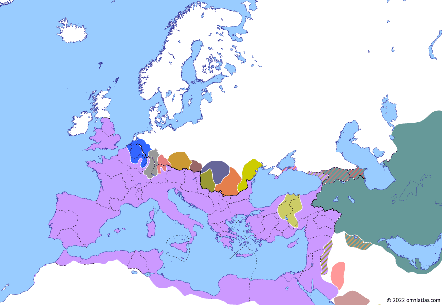 Political map of Europe & the Mediterranean on 15 Feb 276 (The Crisis of the Third Century: Marcus Claudius Tacitus), showing the following events: Principate of Tacitus; Tacitus’ Herulian War; Post-Aurelian Gallic incursion.