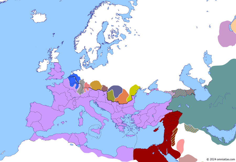 Political map of Europe & the Mediterranean on 29 Aug 276 (The Crisis of the Third Century (II): Probus vs Florian), showing the following events: Principate of Florian; Probus’ Revolt; Probus–Florian War.