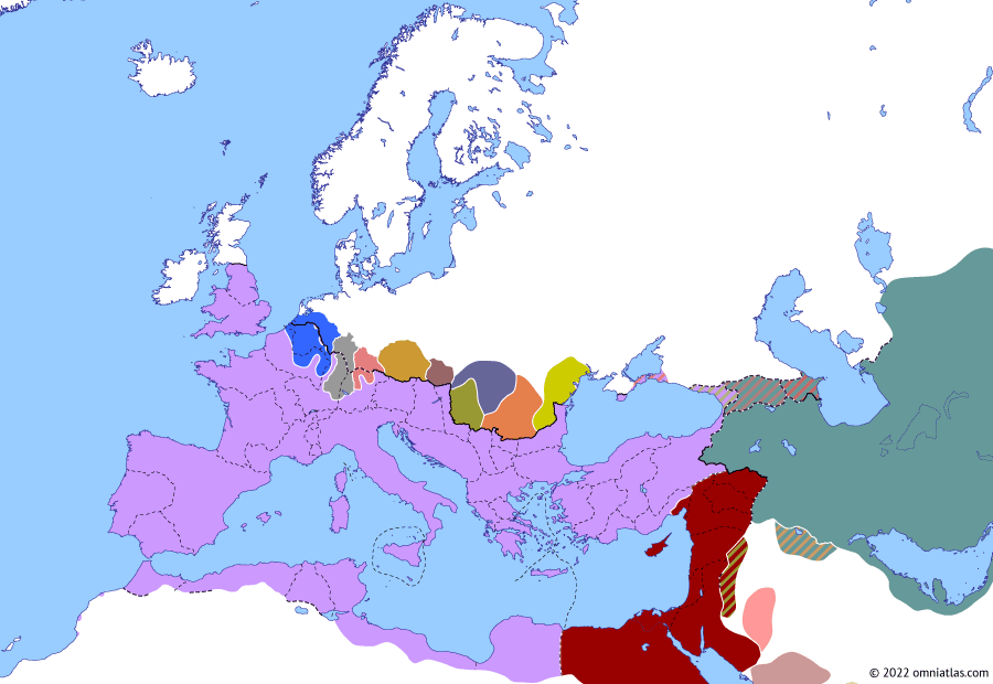 Political map of Europe & the Mediterranean on 29 Aug 276 (The Crisis of the Third Century (II): Probus vs Florian), showing the following events: Principate of Florian; Probus’ Revolt; Probus–Florian War.