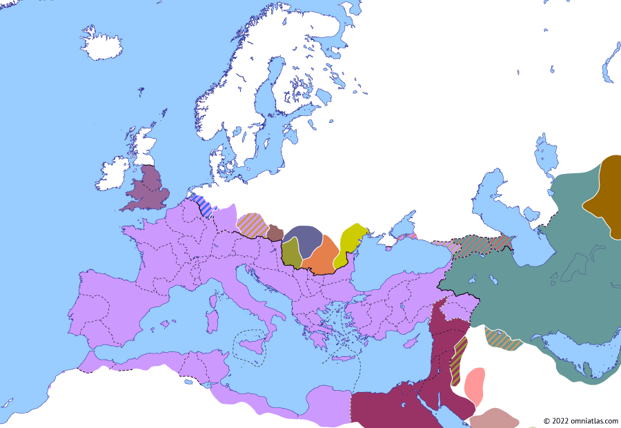 Political map of Europe & the Mediterranean on 29 Jul 278 (The Crisis of the Third Century (II): Probus’ Restoration of Gaul), showing the following events: Principate of Probus; Probus Gothicus; Probus’ Restoration of Gaul; Kushano-Sasanian Empire; Probus’ German Campaign; Julius Saturninus; Probus’ British Usurper.