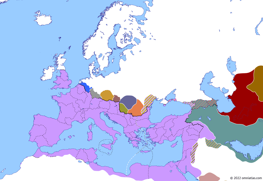 Political map of Europe & the Mediterranean on 26 Jul 283 (The Crisis of the Third Century (II): Carus’ Persian campaign), showing the following events: Hormizd of Sakastan; Overthrow of Probus; Principate of Carus; Carus’ Sarmatian War; Co-principate of Carinus; Carus’ Persian campaign.