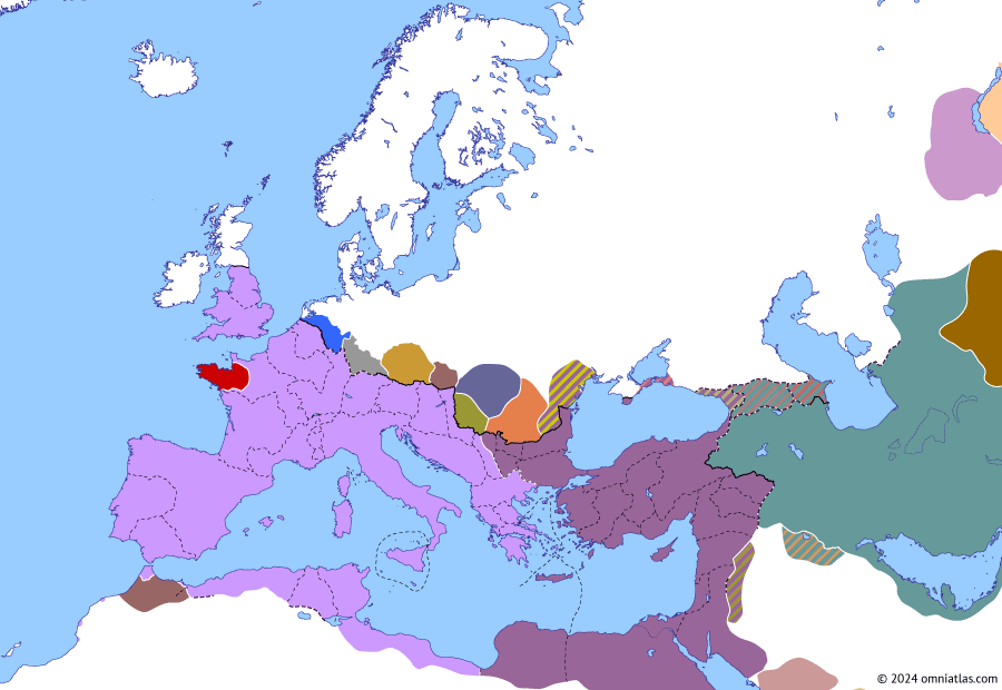 Political map of Europe & the Mediterranean on 21 Jul 285 (Diocletian and the Tetrarchy: Battle of Margum), showing the following events: Amandus and Aelianus; Fall of Volubilis; Battle of Margum.