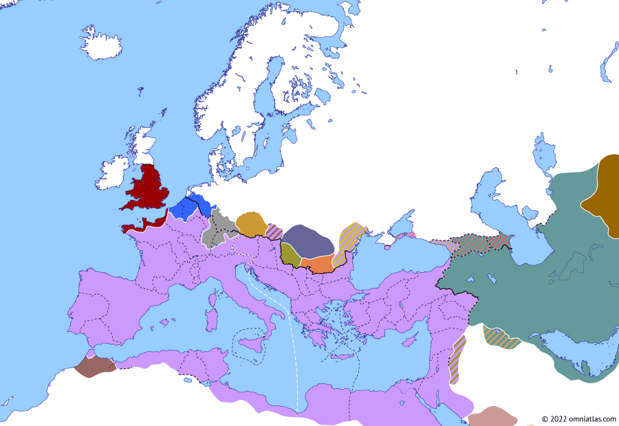 Political map of Europe & the Mediterranean on 13 Feb 287 (Diocletian and the Tetrarchy: Carausian Revolt), showing the following events: Reign of Diocletian; Diocletian’s First Sarmatian Campaign; Co-reign of Maximian; Maximian’s Rhenish War; Carausian Revolt.
