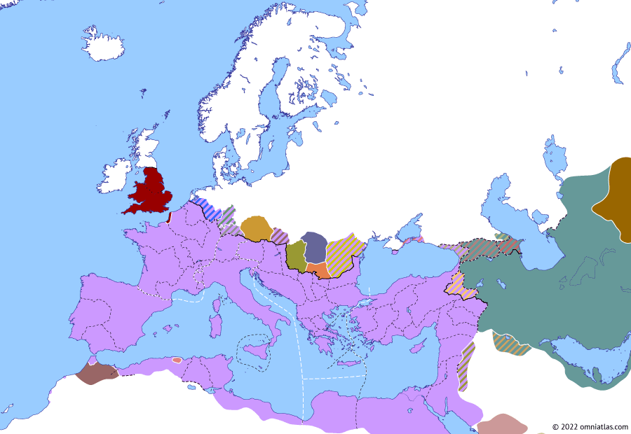 Political map of Europe & the Mediterranean on 01 Mar 293 (Diocletian and the Tetrarchy: First Tetrarchy), showing the following events: Diocletian–Bahram II Treaty; Diocletian’s Second Sarmatian Campaign; Maximian vs Carausius; Second Quinquegentiani War; Burgundi; Tervingi; First Tetrarchy.