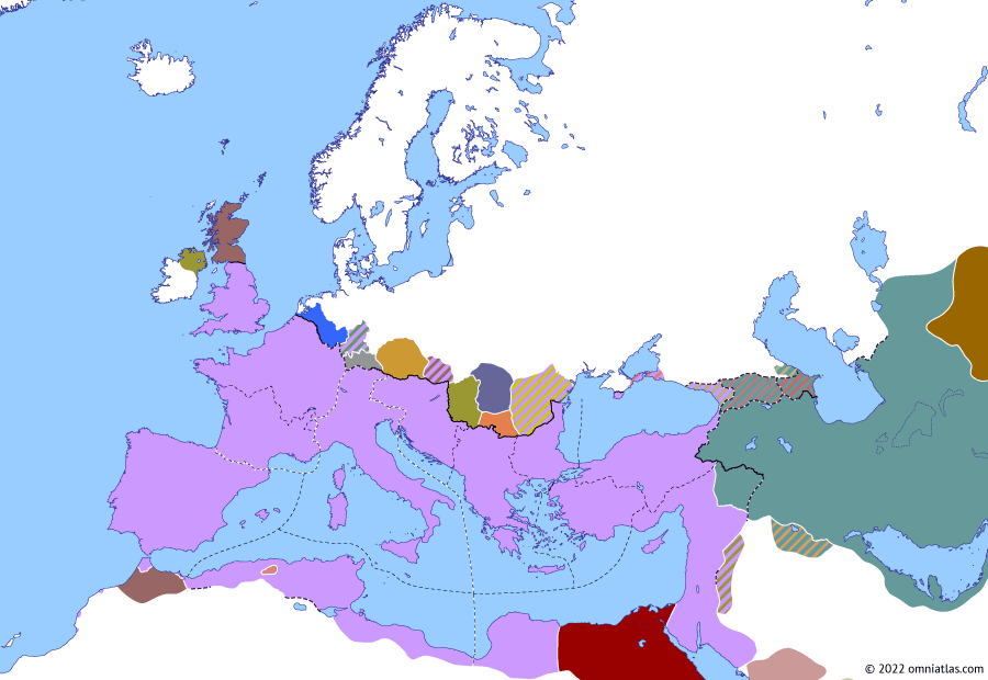 Political map of Europe & the Mediterranean on 12 May 297 (Diocletian and the Tetrarchy: Second Battle of Carrhae), showing the following events: Narseh’s Roman campaign; Maximian’s Moorish campaigns; Picts and Scoti; Roman Dioceses; Domitius Domitianus and Achilleus; Second Battle of Carrhae.