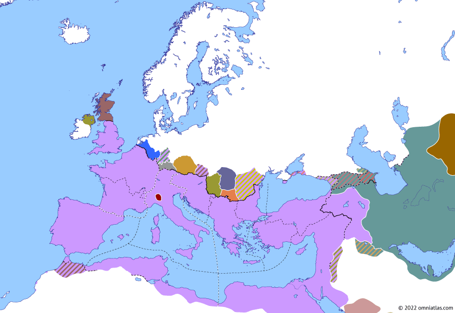 Political map of Europe & the Mediterranean on 28 Nov 298 (Diocletian and the Tetrarchy: Galerius’ invasion of Persia), showing the following events: Battle of Satala; Galerius’ invasion of Persia; Diocletian’s Nubian Campaign; Julianus vs Maximian.