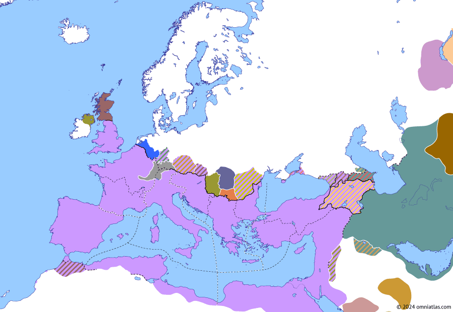 Political map of Europe & the Mediterranean on 20 Feb 302 (Diocletian and the Tetrarchy: Battle of Lingones), showing the following events: Peace of Nisibis; End of the Bastarnae; Galerius’ Marcomannic Campaign; Conversion of Tiridates III; Edict on Maximum Prices; Danubian War of 302–4; Battle of Lingones.