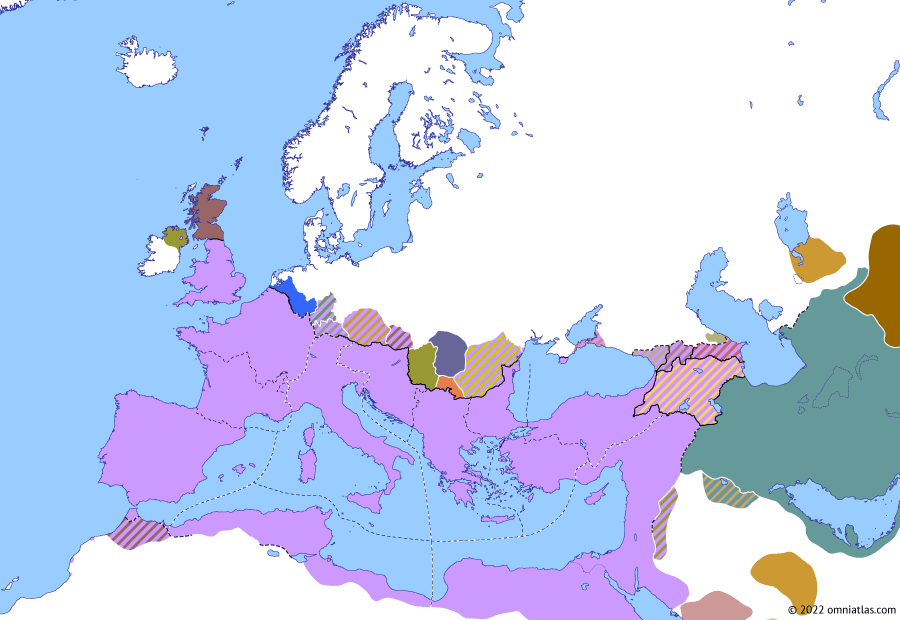 Political map of Europe & the Mediterranean on 01 May 305 (Diocletian and the Tetrarchy: Second Tetrarchy), showing the following events: Battle of Vindonissa; Great Persecution; Arsacid Albania; Afrighid Kingdom; Second Tetrarchy; Reign of Galerius.
