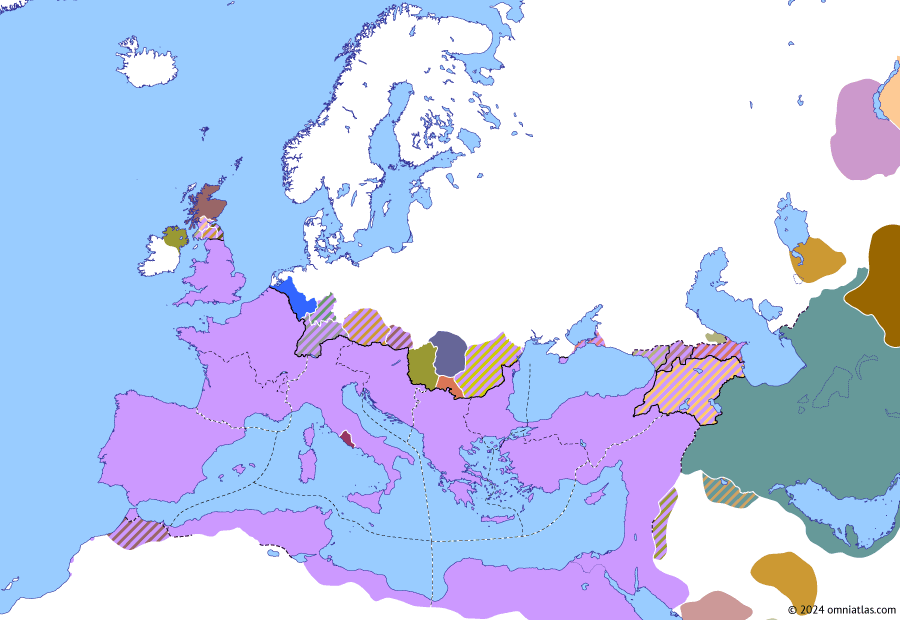 Political map of Europe & the Mediterranean on 28 Oct 306 (Diocletian and the Tetrarchy: Constantine and Maxentius), showing the following events: Constantius I’s Pictish Campaign; Sarmatian War of 305–7; Accession of Constantine I; Ascaric and Merogais; Third Tetrarchy; Limesfall II; Maxentius’ Coup.