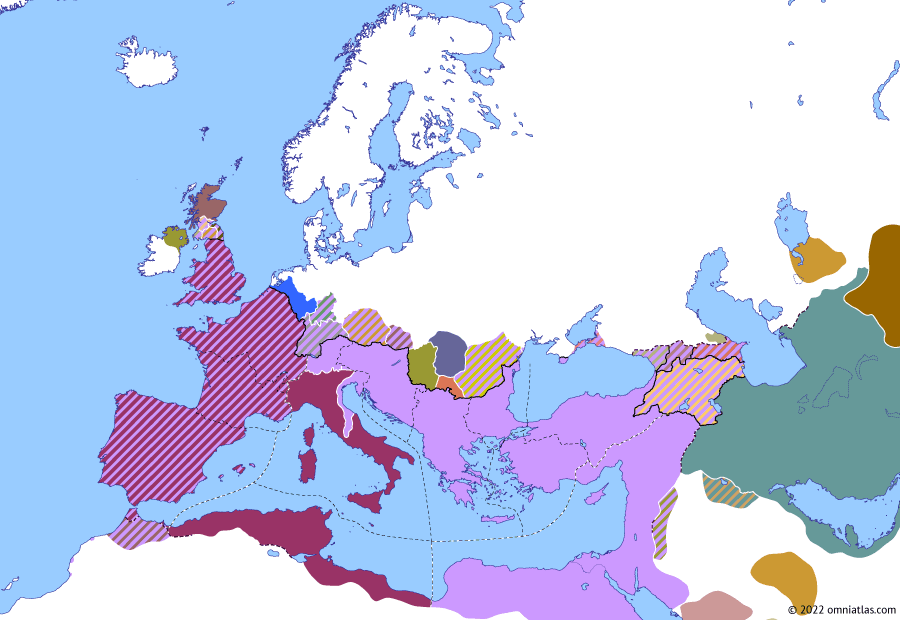 Political map of Europe & the Mediterranean on 21 Nov 307 (Diocletian and the Tetrarchy: Galerius vs Maxentius), showing the following events: Maxentian Revolt; Severus II vs Maxentius; Return of Maximian; Galerius vs Maxentius; Constantine and Fausta.