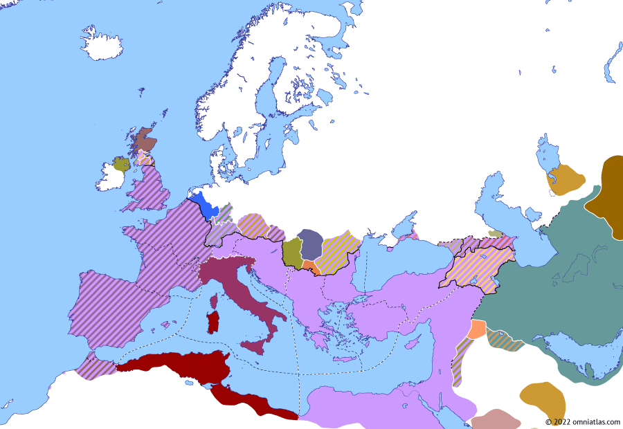 Political map of Europe & the Mediterranean on 11 Nov 308 (Diocletian and the Tetrarchy: Council of Carnuntum), showing the following events: Exile of Maximian; Domitius Alexander; Constantine’s Bructeri Campaign; Council of Carnuntum.
