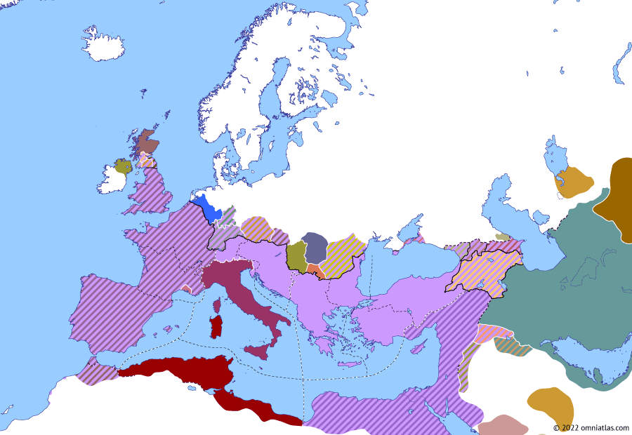 Political map of Europe & the Mediterranean on 18 Jul 310 (Diocletian and the Tetrarchy: Maximian’s Last Stand), showing the following events: Filios Augustorum; Death of Hormizd II; Licinius in Istria; Battle of Bedaium; Maximian vs Constantine.
