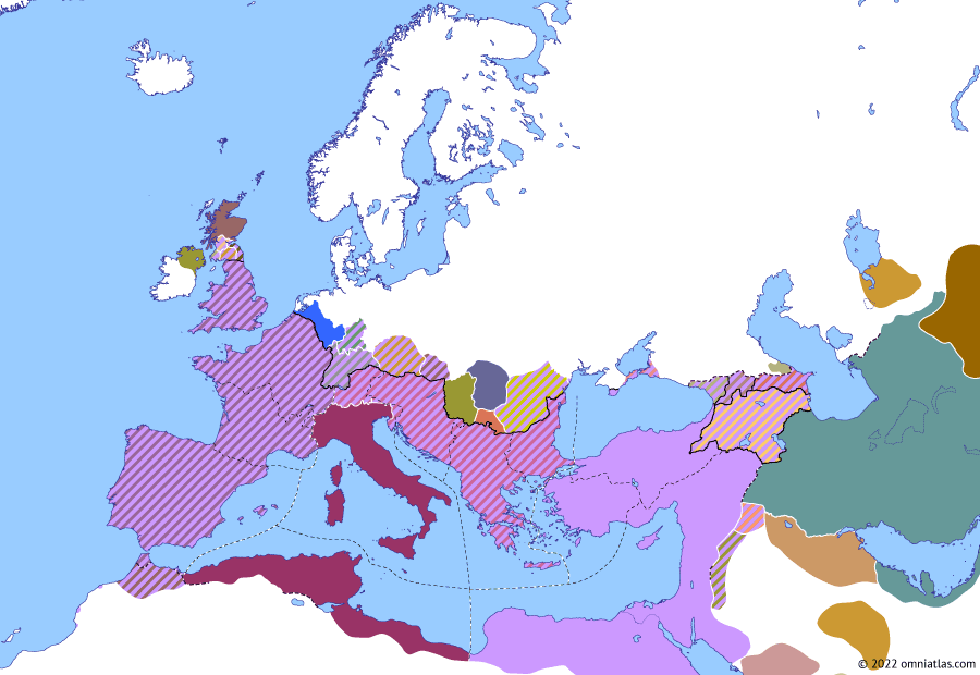 Political map of Europe & the Mediterranean on 10 Jun 311 (Diocletian and the Tetrarchy: Collapse of the Tetrarchy), showing the following events: End of Domitius Alexander; Arab incursions of Shapur II; Kingdom of All Arabs; Edict of Serdica; Fifth Tetrarchy; Reign of Maximinus Daza.