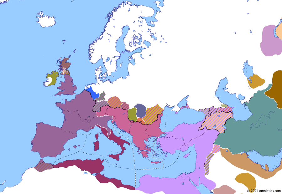 Political map of Europe & the Mediterranean on 28 Oct 312 (The Constantinian Dynasty: Battle of the Milvian Bridge), showing the following events: Constantine–Licinius alliance; Battle of Turin; Siege of Verona; Battle of the Milvian Bridge.