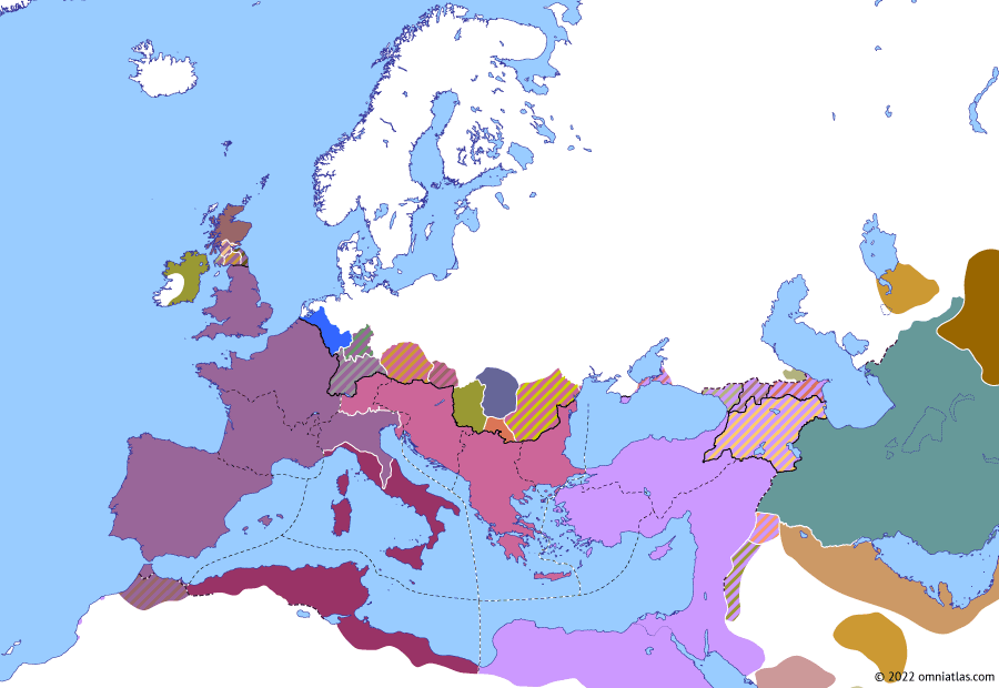 Political map of Europe & the Mediterranean on 28 Oct 312 (The Constantinian Dynasty: Battle of the Milvian Bridge), showing the following events: Constantine–Licinius alliance; Battle of Turin; Siege of Verona; Battle of the Milvian Bridge.