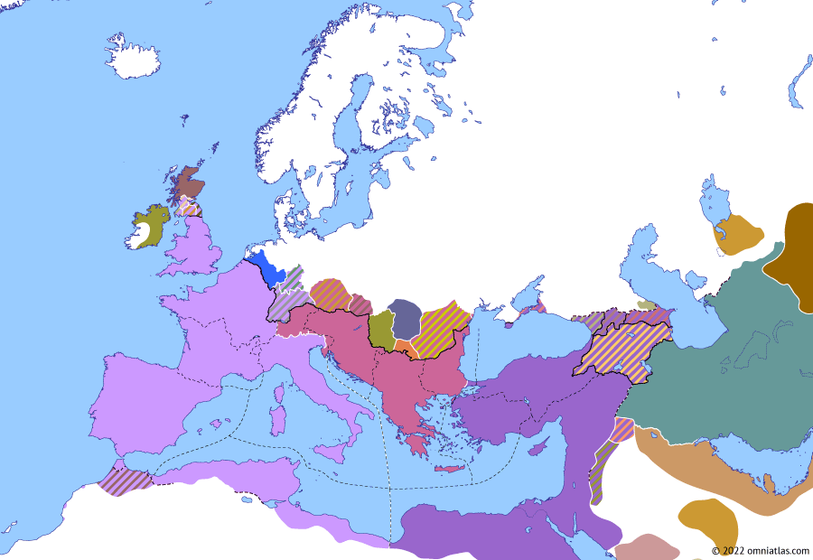Political map of Europe & the Mediterranean on 30 Apr 313 (The Constantinian Dynasty: Battle of Tzirallum), showing the following events: Reign of Constantine the Great; Death of Diocletian; Licinius and Constantia; Battle of Tzirallum.