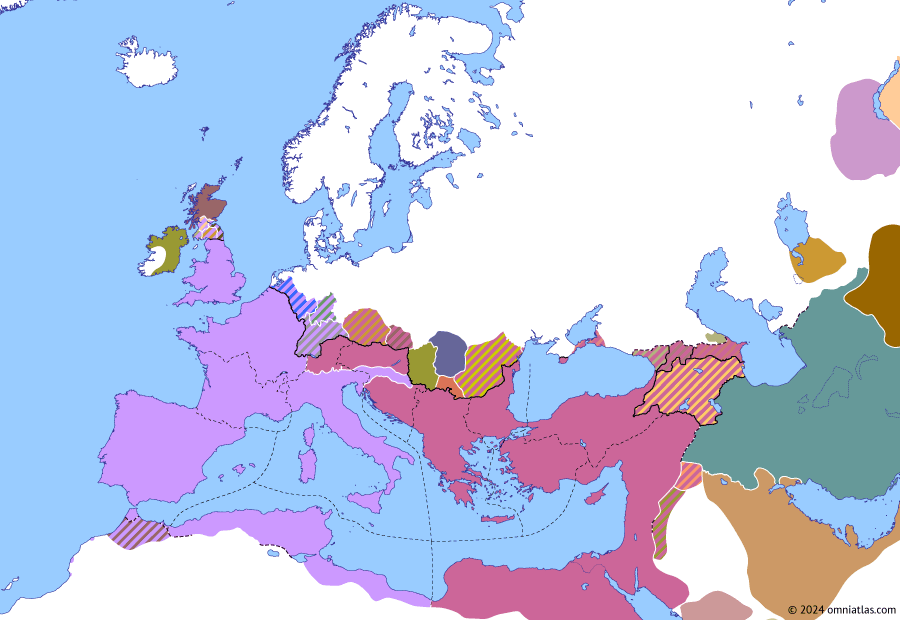 Political map of Europe & the Mediterranean on 08 Oct 316 (The Constantinian Dynasty: Battle of Cibalae), showing the following events: Edict of Tarsus; “Edict of Milan”; Constantine’s Third Rhenish War; Death of Maximinus Daza; Licinius’ Gothic campaign; Conspiracy of Bassianus; Battle of Cibalae.