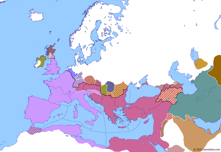 Political map of Europe & the Mediterranean on 08 Oct 316 (The Constantinian Dynasty: Battle of Cibalae), showing the following events: Edict of Tarsus; “Edict of Milan”; Constantine’s Third Rhenish War; Death of Maximinus Daza; Licinius’ Gothic campaign; Conspiracy of Bassianus; Battle of Cibalae.
