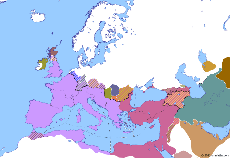 Political map of Europe & the Mediterranean on 01 Mar 317 (The Constantinian Dynasty: Peace of Serdica), showing the following events: Valerius Valens; Donatist Controversy; Battle of Mardia; Peace of Serdica.