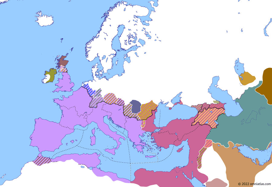 Political map of Europe & the Mediterranean on 17 May 323 (The Constantinian Dynasty: Licinius and the Goths), showing the following events: Licinius’ Sarmatian campaign; Crispus’ Germanic War; Constantine–Licinius rift; Rausimod; Getas.