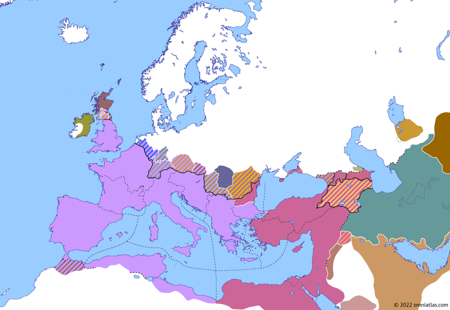 Political map of Europe & the Mediterranean on 18 Sep 324 (The Constantinian Dynasty: Battle of Chrysopolis), showing the following events: Battle of Adrianople; Siege of Byzantium; Battle of the Hellespont; Battle of Chrysopolis.