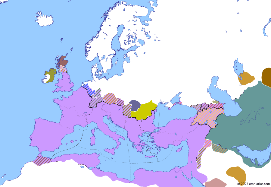 Political map of Europe & the Mediterranean on 11 May 330 (The Constantinian Dynasty: Foundation of Constantinople), showing the following events: Foundation of Constantinople; Shapur II’s Arab Wars; First Council of Nicaea; Deaths of Crispus and Fausta; Praetorian Prefectures; Constantine’s Second Gothic War; Constantine’s Fourth Rhenish campaign; Shapur II’s First Kushan War; Constantine II’s Alemannic campaign.