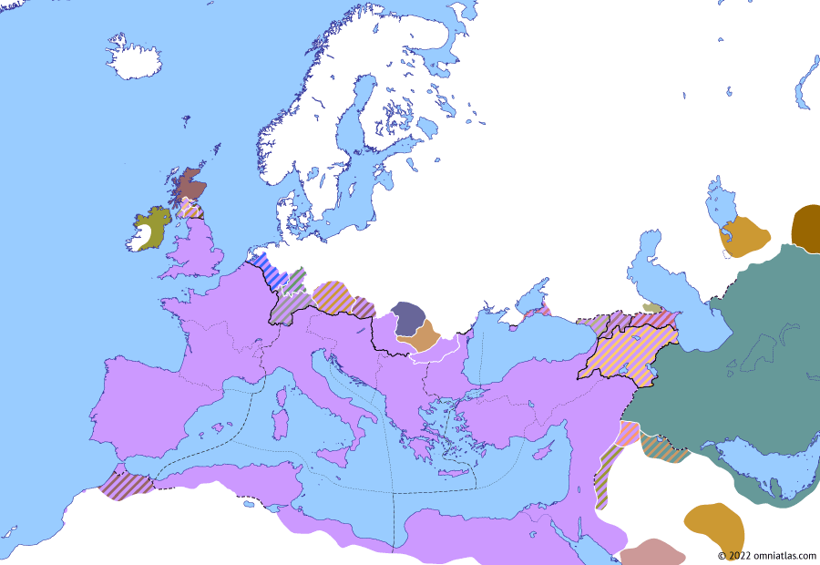 Political map of Europe & the Mediterranean on 27 Dec 332 (The Constantinian Dynasty: Roman Gothia), showing the following events: Constantine’s Third Gothic War; Roman Gothia.