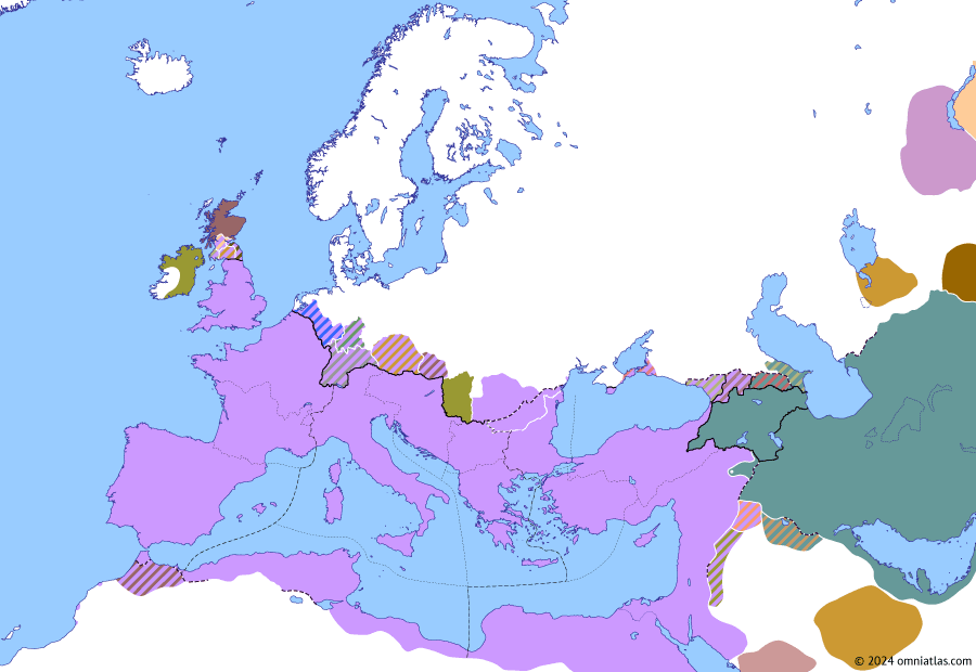 Political map of Europe & the Mediterranean on 09 Sep 337 (The Constantinian Dynasty: Sons of Constantine), showing the following events: Overthrow of Khosrov the Small; Battle of Narasara; Hannibalianus; Death of Constantine the Great; Constantius II’s Purge; Shapur II’s First Siege of Nisibis; Constantius II’s First Sarmatian Campaign; Sons of Constantine; Reign of Constantine II; Reign of Constantius II; Reign of Constans.