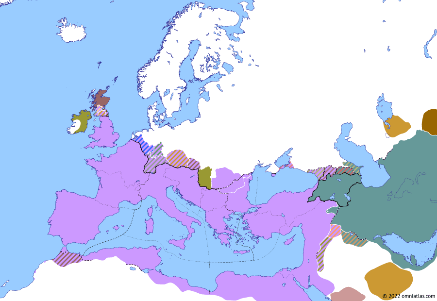 Political map of Europe & the Mediterranean on 09 Sep 337 (The Constantinian Dynasty: Sons of Constantine), showing the following events: Overthrow of Khosrov the Small; Battle of Narasara; Hannibalianus; Death of Constantine the Great; Constantius II’s Purge; Shapur II’s First Siege of Nisibis; Constantius II’s First Sarmatian Campaign; Sons of Constantine; Reign of Constantine II; Reign of Constantius II; Reign of Constans.