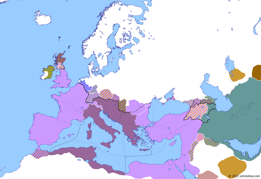 Political map of Europe & the Mediterranean on 12 Apr 340 (The Constantinian Dynasty: Battle of Aquileia), showing the following events: Constantine II’s German Campaign; Restoration of Khosrov the Small; Constans’ Sarmatian Campaign; Battle of Aquileia.