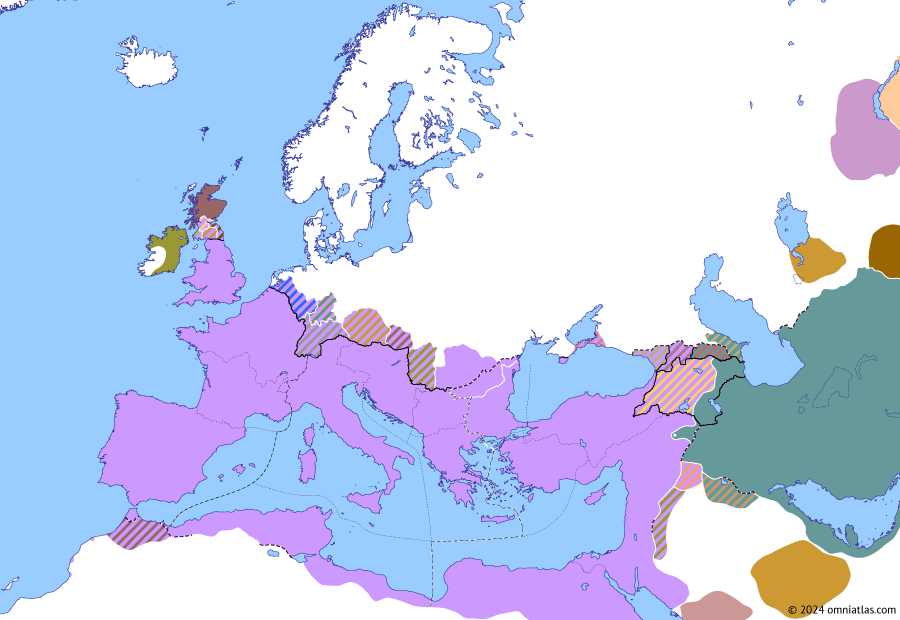 Political map of Europe & the Mediterranean on 07 Jul 346 (Constantinian Dynasty: Nisibis War), showing the following events: Dedication Council of Antioch; Constans’ Frankish War; Bosporan decline; Council of Serdica; Constantius II’s Adiabene Campaign; Battle of Singara; Shapur II’s Second Siege of Nisibis.