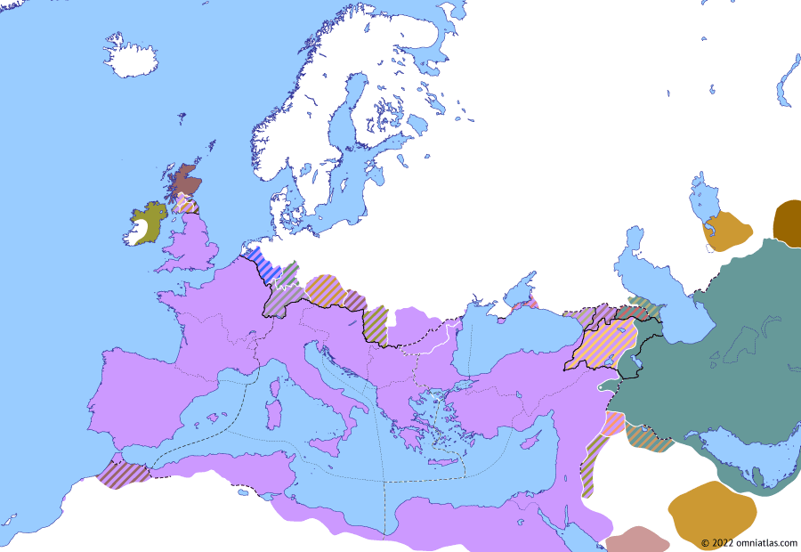 Political map of Europe & the Mediterranean on 07 Jul 346 (Constantinian Dynasty: Nisibis War), showing the following events: Dedication Council of Antioch; Constans’ Frankish War; Bosporan decline; Council of Serdica; Constantius II’s Adiabene Campaign; Battle of Singara; Shapur II’s Second Siege of Nisibis.