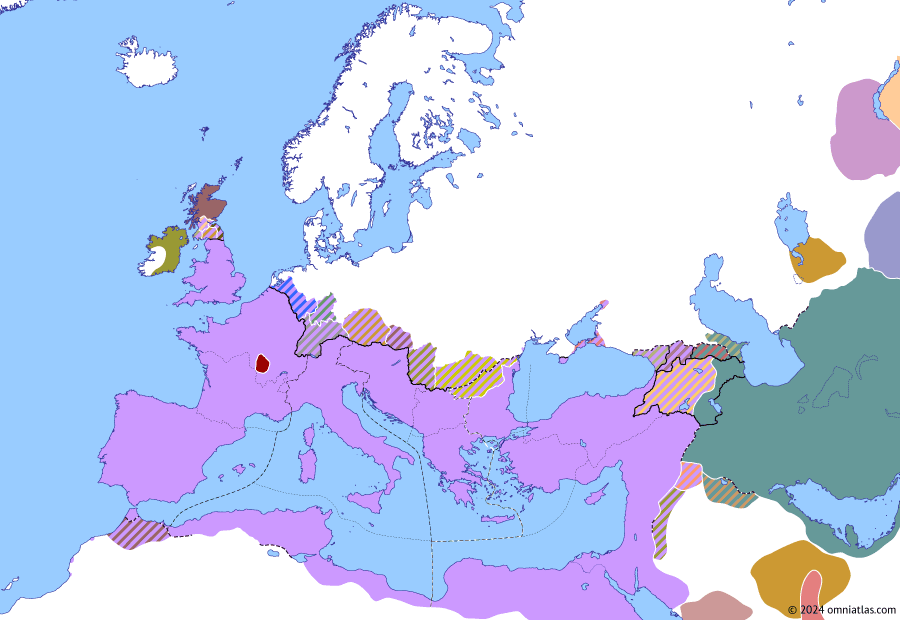 Political map of Europe & the Mediterranean on 18 Jan 350 (Constantinian Dynasty: Magnentian Revolt), showing the following events: Prefecture of Illyricum; Expulsion of Ulfila; Advent of the Huns; Last Kushanshah; Magnentian Revolt.