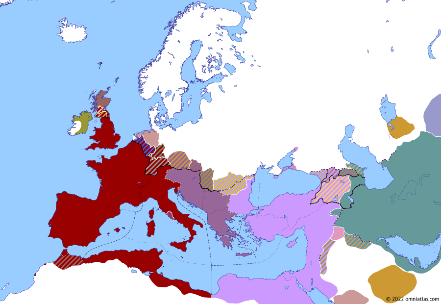 Political map of Europe & the Mediterranean on 03 Jun 350 (The Constantinian Dynasty: Vetranio and Nepotian), showing the following events: Death of Constans; Revolt of Vetranio; Shapur II’s Third Siege of Nisibis; Nepotian.